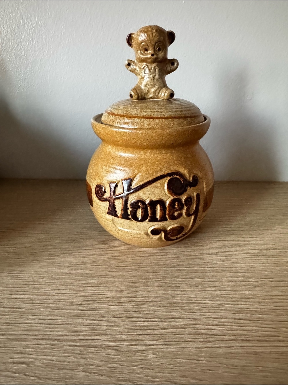 Ceramic Honey Jar with Bear Lid - Warm Golden Glaze